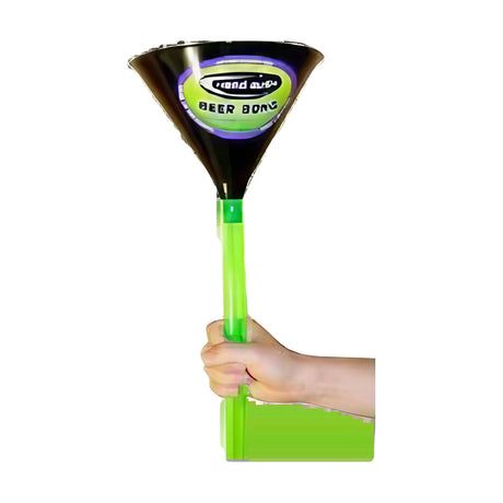 Head Rush 1 Hose Beer Bong Funnel in black and green, front view, held in hand, perfect for parties