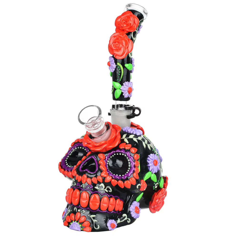 Heavy Flowered Sugar Skull Glow Glass Water Pipe | 10" | 19mm F