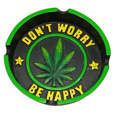 Black and green Hemp Leaf Ashtray with "Don't Worry Be Happy" text, top view, 4.25" diameter