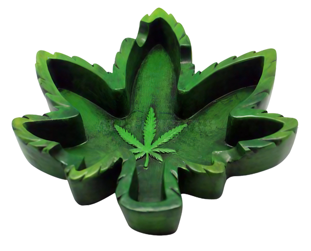 Polyresin Hemp Leaf Ashtray in Green, 5.25" Size, Top View with Detailed Leaf Design