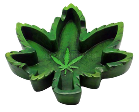 Polyresin Hemp Leaf Ashtray in Green, 5.25" Size, Top View with Detailed Leaf Design