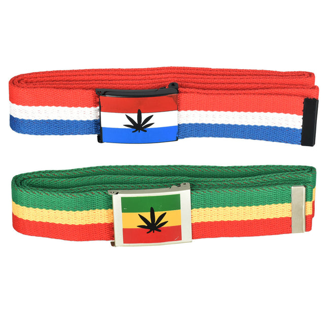 Two Hemp Leaf Canvas Belts with Steel Buckles, 59" Length, Rasta & Blue Variants