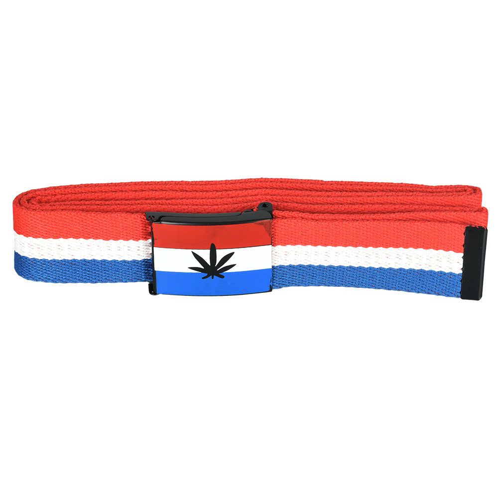 Canvas Hemp Leaf Belt in Red, White, & Blue with Steel Buckle - Front View