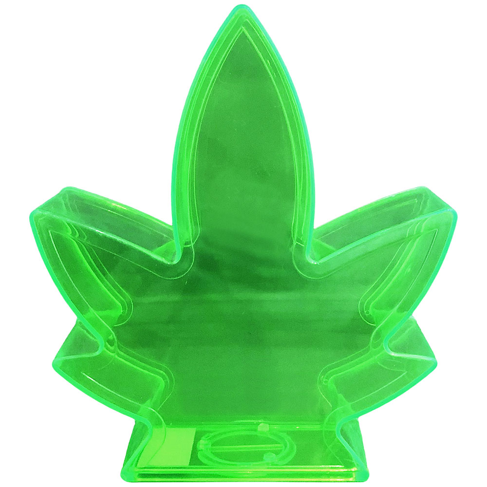 Green plastic hemp leaf-shaped coin bank, front view on seamless white background, 5.5" x 6" size