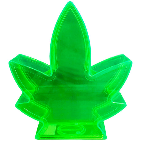 Green plastic hemp leaf-shaped coin bank, front view on seamless white background, 5.5" x 6" size