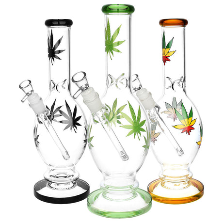 Hemp Leaf Egg Vase Water Pipes in three variants, 12" tall with 14mm female joint, front view on white background