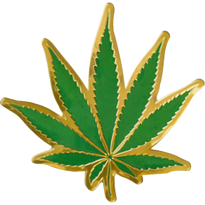Green hemp leaf shaped metal sticker with gold trim, 2.5" x 2.5" size, novelty gift item