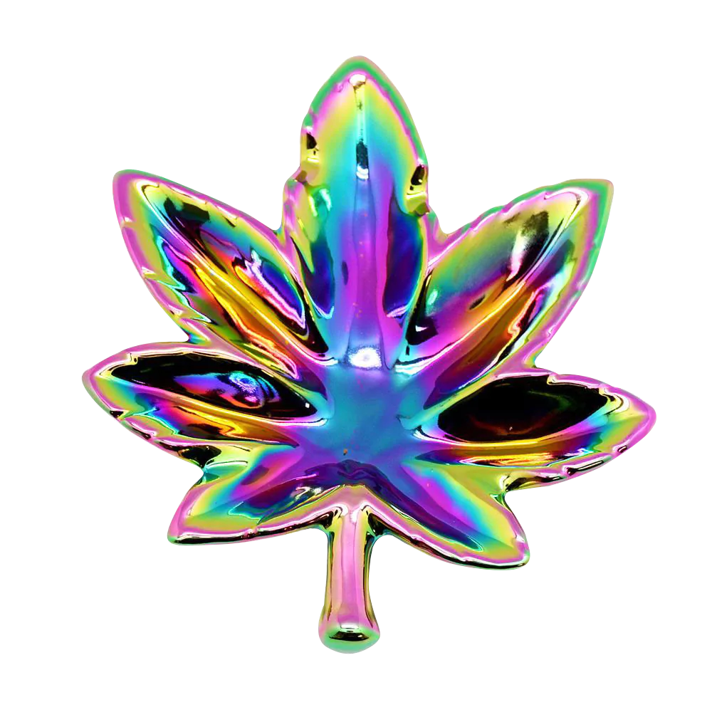 Ceramic Hemp Leaf Shaped Ashtray with Rainbow Iridescent Finish - Top View