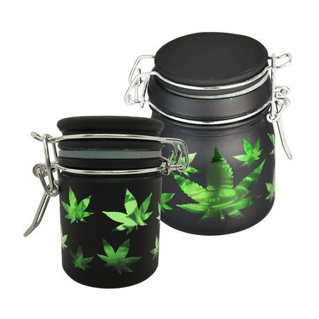 Hemp Leaves Glass Stash Jar Set, Airtight Seal, Green & Black, Front View on White Background