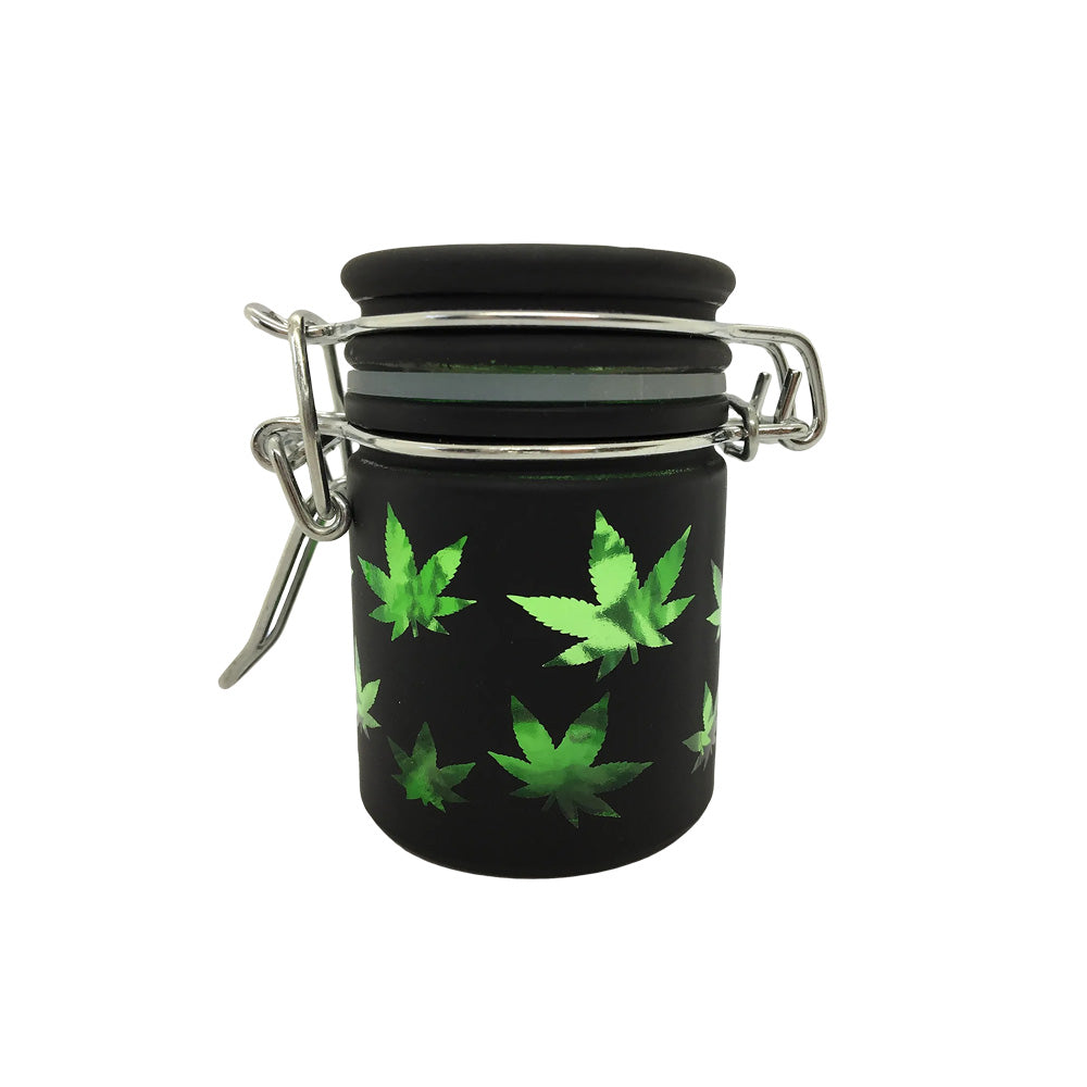Airtight Glass Stash Jar with Hemp Leaves Design - Green & Black - Front View