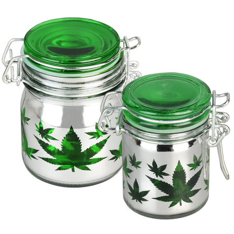 Green Hemp Leaves Airtight Glass Stash Jars, 3pc Set with Borosilicate Glass