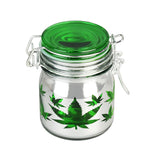 Green Hemp Leaves Airtight Glass Stash Jar, 5oz, with Metal Clamp Lid - Front View