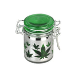 Green Hemp Leaves Glass Stash Jar, Airtight Seal, 1.5oz - Front View on White Background