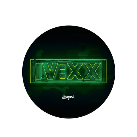 Hemper 5" Shock Absorbent Glass Pad with IV:XX logo, top view on seamless black background