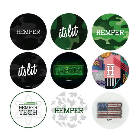 Assorted Hemper 8" Shock Absorbent Glass Pads for Dab Rigs, Top View on White Background