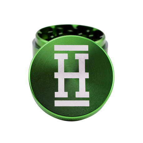 Hemper Aluminum Grinder 4 Piece in Green, Large Size, Top View with H Logo
