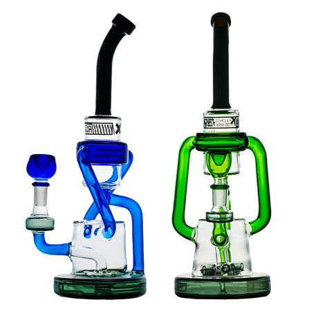 Hemper Cyberpunk Recycler XL Water Pipes in blue and green, 12" height, 14mm female joint, glow feature