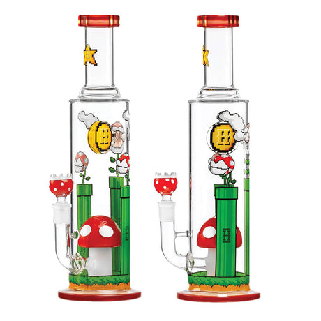 Hemper Gaming Flower Glass Water Pipe with 14mm Female Joint, Clear Borosilicate, Front and Side Views