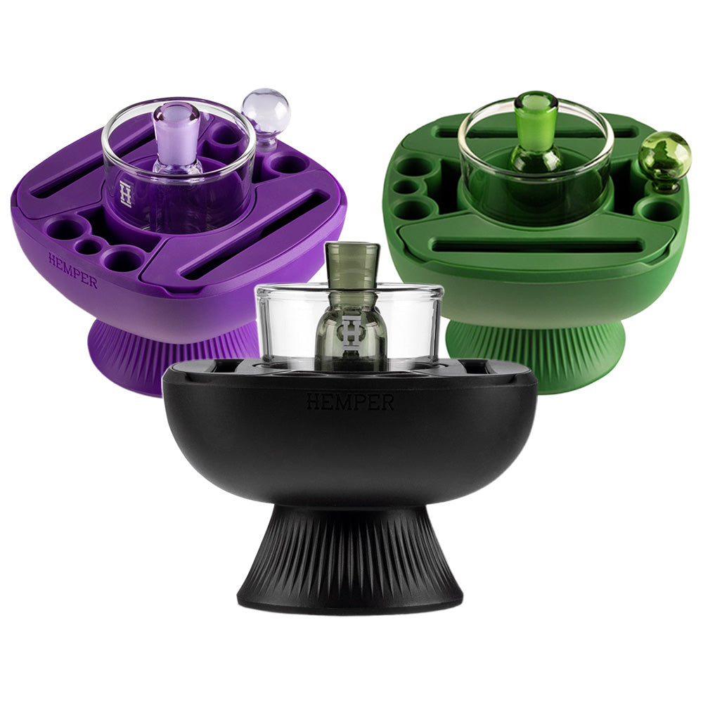 Hemper Isoplex Silicone Iso Cleaning Stations in purple, green, and black, perfect for dab rig organization