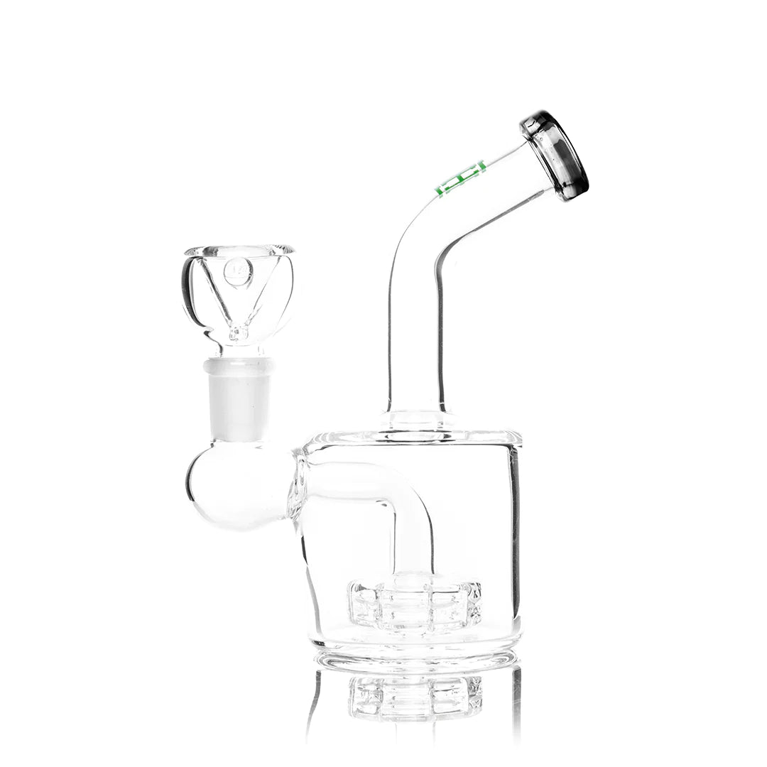 Hemper Puck Rig in Teal and Smoke variants, 6" tall with disc percolator, side view on white background
