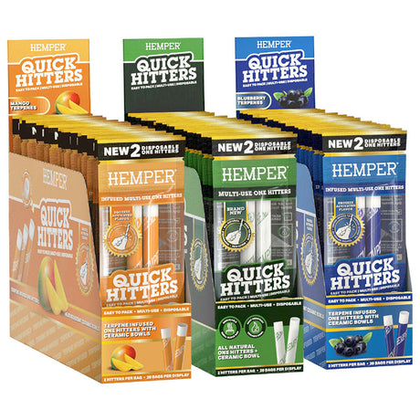 Hemper Quick Hitters display with 20pc of multi-use steel one hitters in various designs