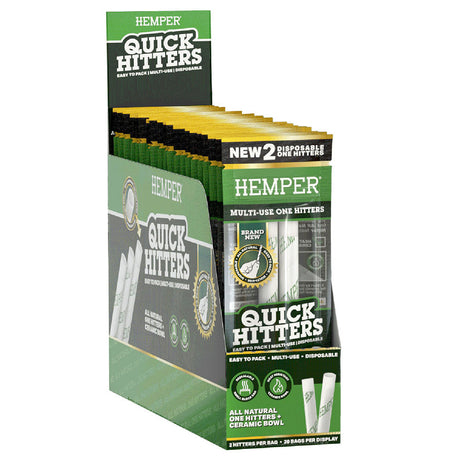 Hemper Quick Hitters display box with 2-pack steel one-hitter pipes, front view on white background