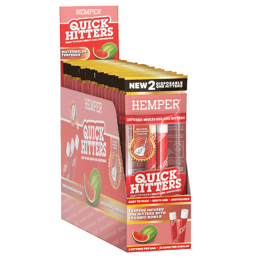 Hemper Quick Hitters display box with Watermelon flavored disposable one hitters, steel chillum, front view