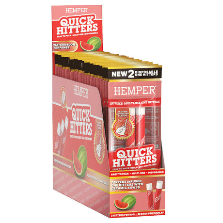 Hemper Quick Hitters display box with Watermelon flavored disposable one hitters, steel chillum, front view