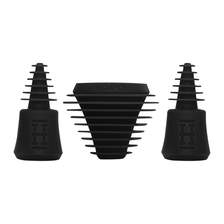 Hemper Tech black cleaning plugs+caps for bongs and pipes, front view on white background