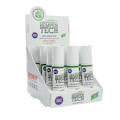Hemper Tech Odor Eliminator Spray bottles in display box, front view on white background