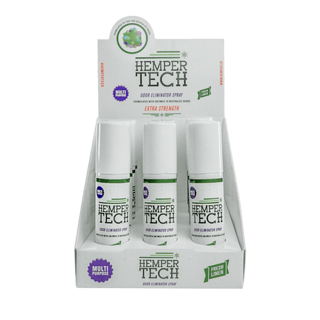 Hemper Tech Odor Eliminator Spray displayed in box, extra strength, fresh linen scent