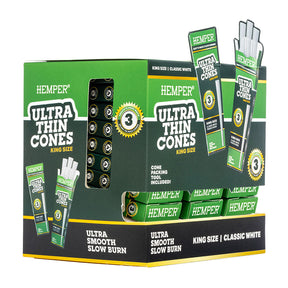 Hemper Ultra Thin Classic White King Size Cones 24pc Display with Organic Paper