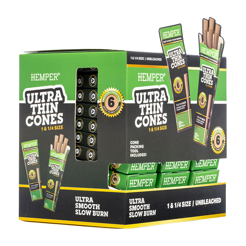 Hemper Ultra Thin Unbleached Cones 24pc Display, 1 1/4" Size, Front View on White Background