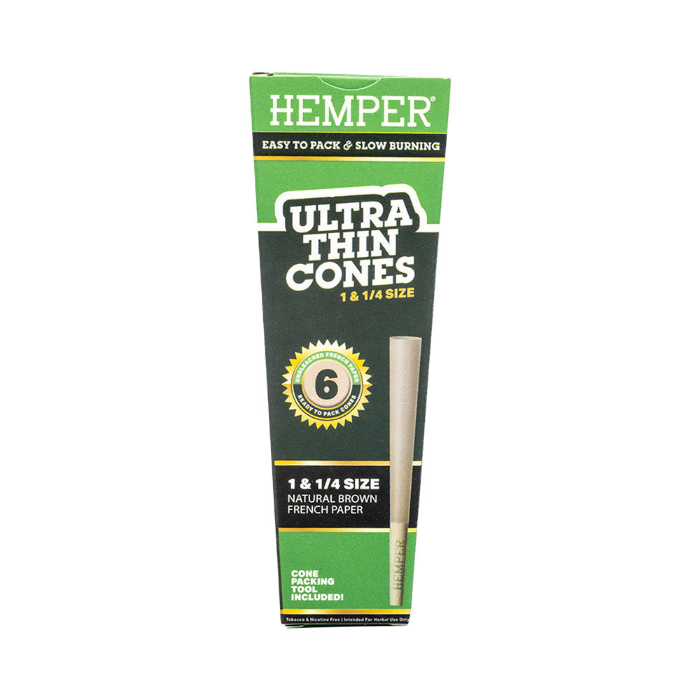 Hemper Ultra Thin Unbleached Cones 1 1/4" Size, 6-Pack Front View on White Background