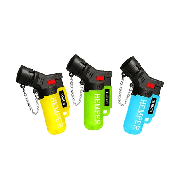 Hemper Windproof Torch Lighters V2 in blue, green, and yellow with keychain attachments