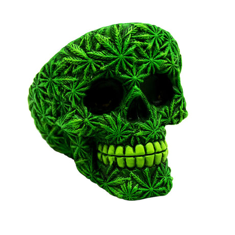 Polyresin Hemphead Skull Ashtray in green with cannabis leaf design - Medium Size