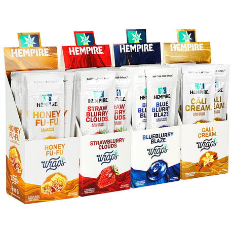 Hempire Hemp Wraps variety pack display with flavors like Honey, Strawberry, and Blueberry