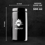 Kozo black UV glass storage jar in the 1 oz size with a 500 ml medium home use size dimension callout