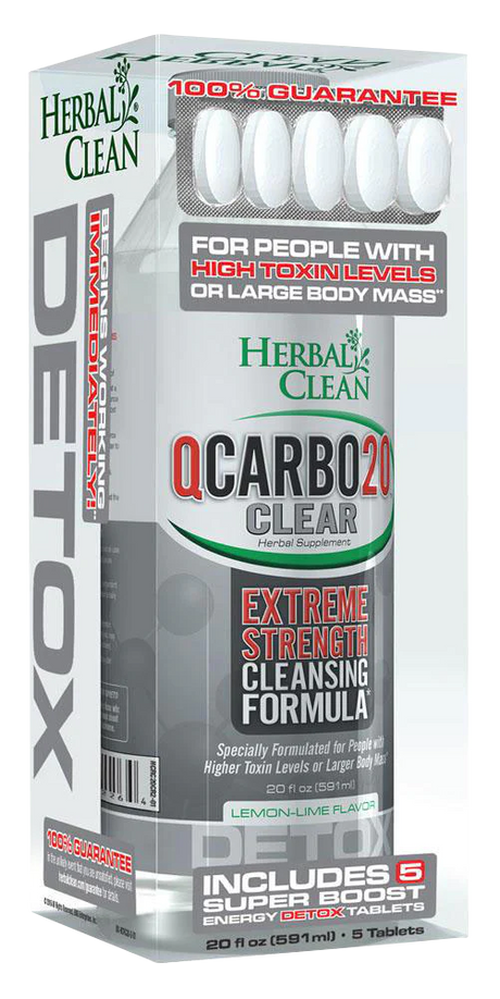 Herbal Clean QCarbo20 Clear Lemon-Lime Flavor, 20oz detox drink with 5 energy tablets, front view