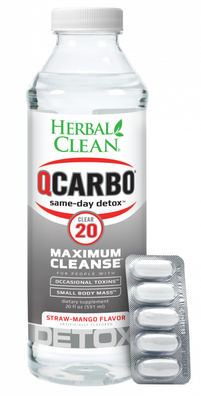 Herbal Clean QCarbo20 Clear 20oz in Strawberry Mango flavor for same-day detox cleanse