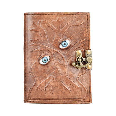 Embossed Leather Journal with Blue Eyes Design and Metal Latch - Front View