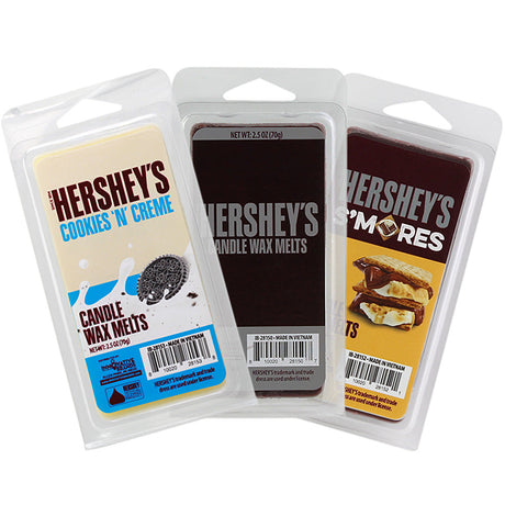 Hershey's scented soy wax melts in Cookies 'n' Creme, classic, and S'mores scents, front view
