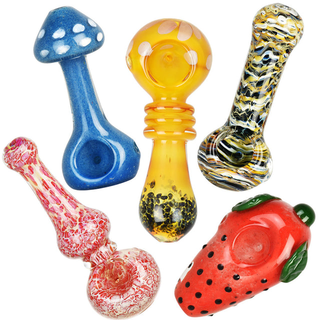 Assorted High End Borosilicate Glass Spoon Pipes for Dry Herbs, Thick Glass, Various Designs