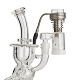 High Five ClaimSaver Glass Adapter for E-Nail, clear borosilicate, side view attached to rig