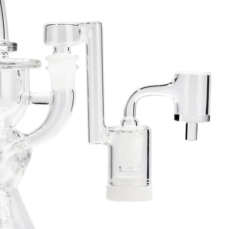 High Five ClaimSaver Glass Drop Down accessory for bongs, made of clear borosilicate glass, side view.