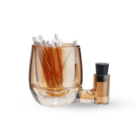 High Five Glass ISO Station in Amber, Compact Borosilicate Glass, Side View with Cotton Swabs