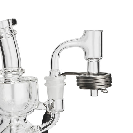 High Five MICRO E-Nail with Quartz E-Banger attached to Glass Rig, Close-up Side View