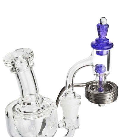 High Five Terp E-Slurper Cap Set in purple on a clear dab rig, angled view, for vaporizer efficiency