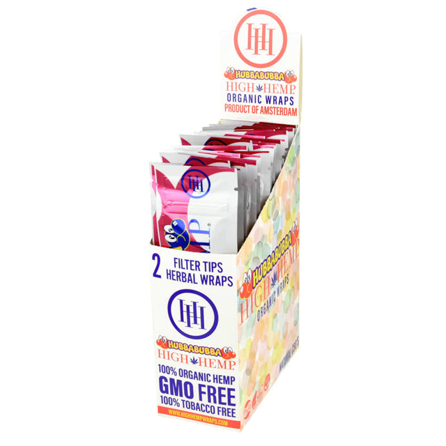 High Hemp Organic CBD Blunt Wraps Hubba Bubba 25 Pack displayed in box, GMO-free hemp rolling papers.