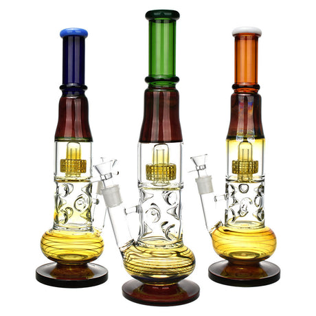 Trio of High-Scraper Water Pipes, 15.75" tall, 19mm female joint, Borosilicate Glass, front view